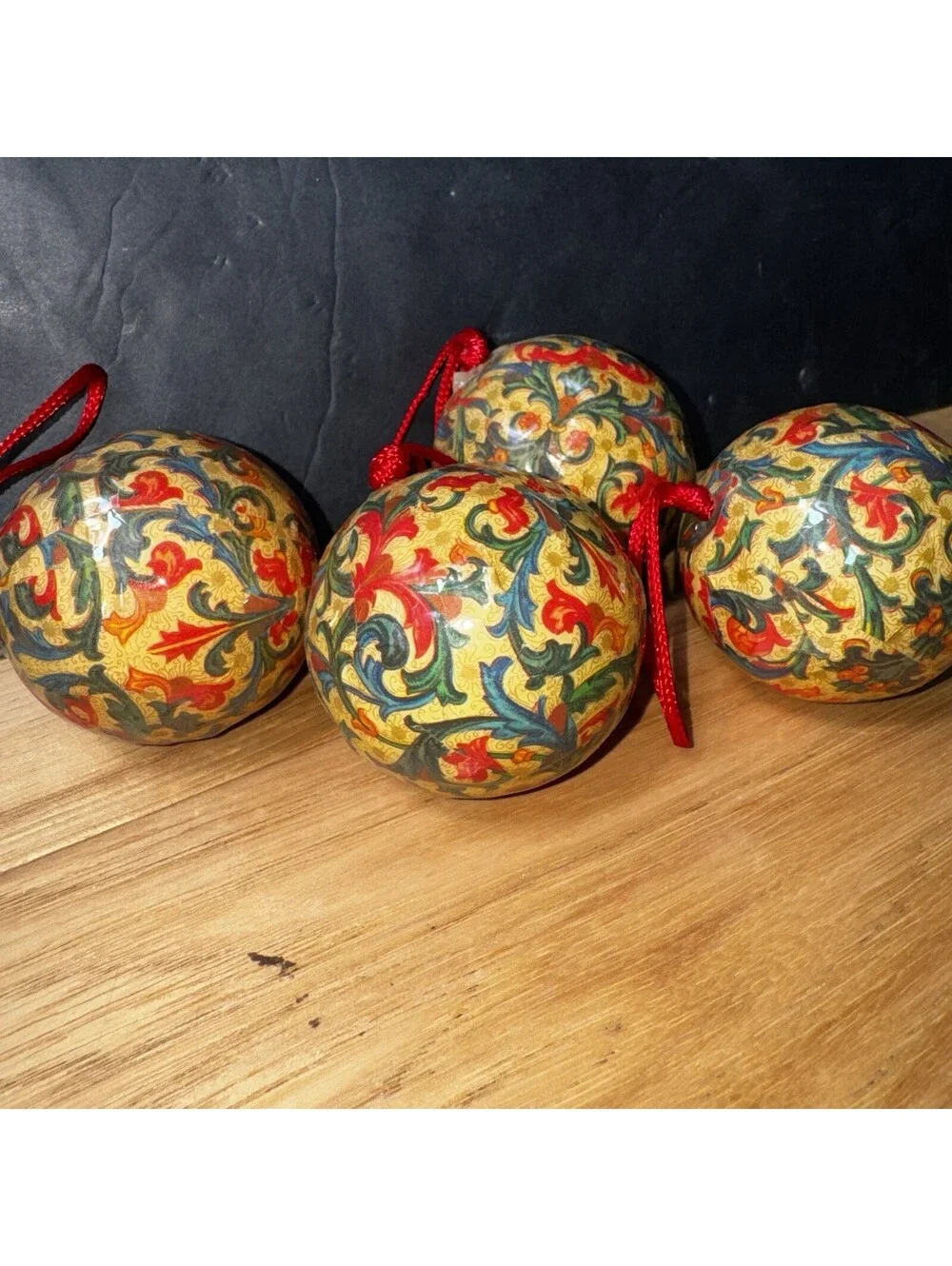 Set of 4 Vintage Floral Christmas Tree Ornaments 2.5” Decoupage Baubles Hanging